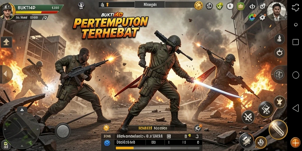 Screenshot BUKTI4D menampilkan aksi pertempuran intens di medan perang.