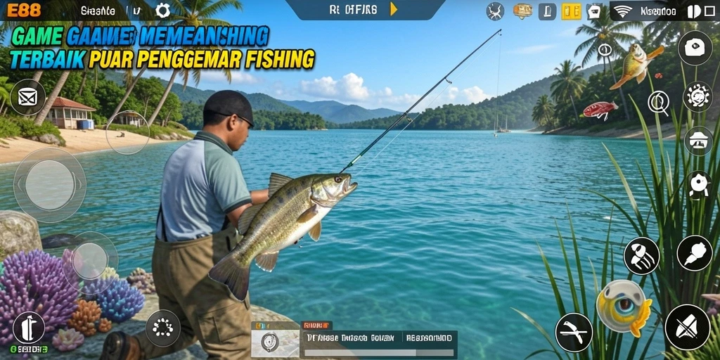 Screenshot E88 menampilkan pemain yang asyik memancing di sebuah danau yang tenang.