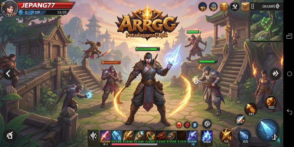 Screenshot gameplay ARPG JEPANG77 menampilkan pertarungan yang mendebarkan.