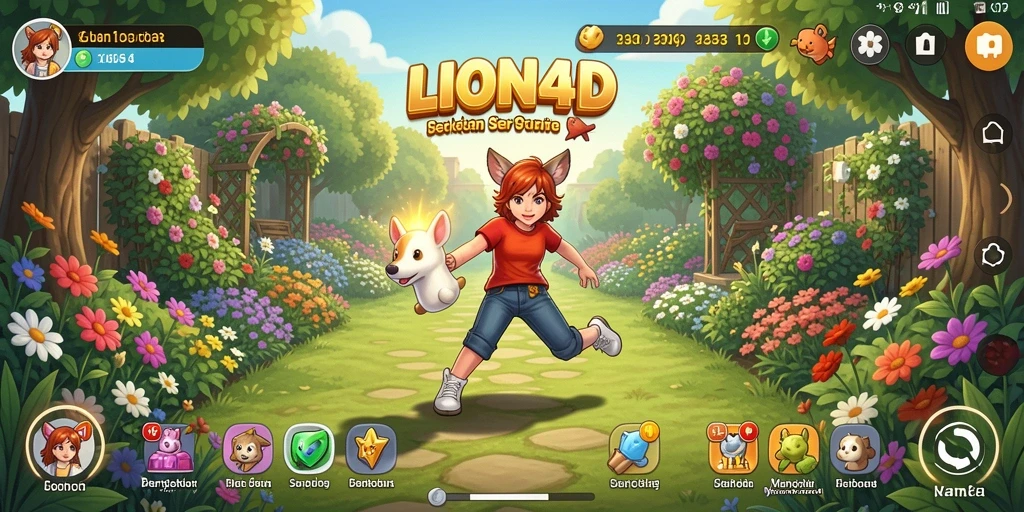Tampilan gameplay LION4D dengan kebun yang rimbun dan berwarna-warni.