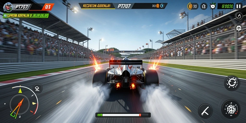 Screenshot gameplay PT707 menampilkan aksi balapan yang mendebarkan.