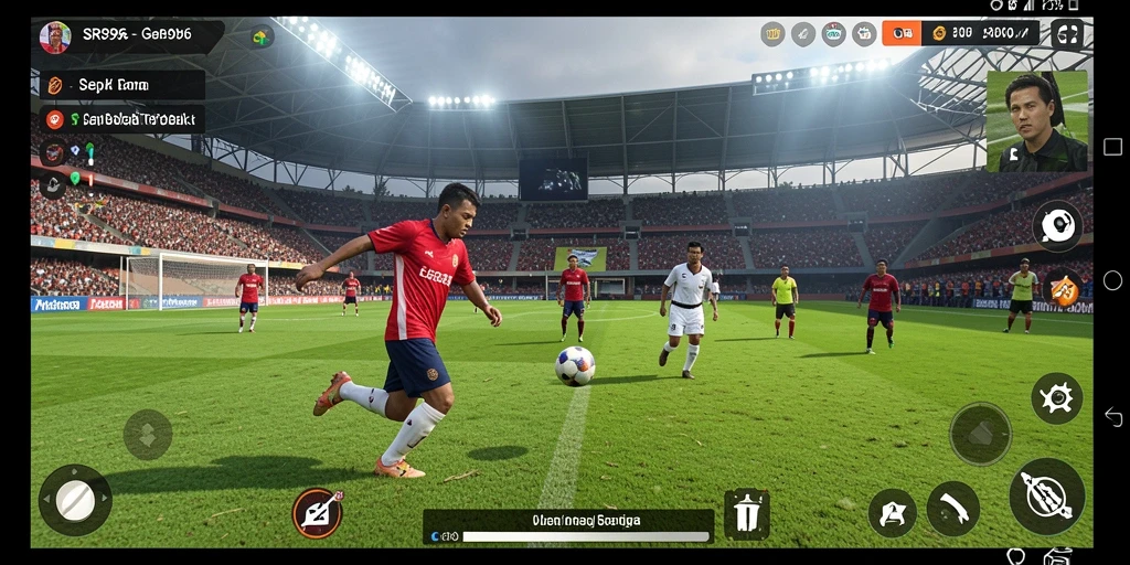 Screenshot gameplay SR996 menampilkan aksi seru di lapangan sepak bola.