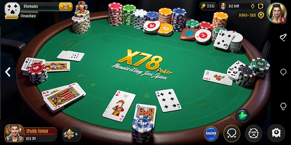 Screenshot gameplay X78 yang menampilkan suasana permainan Poker yang intens.